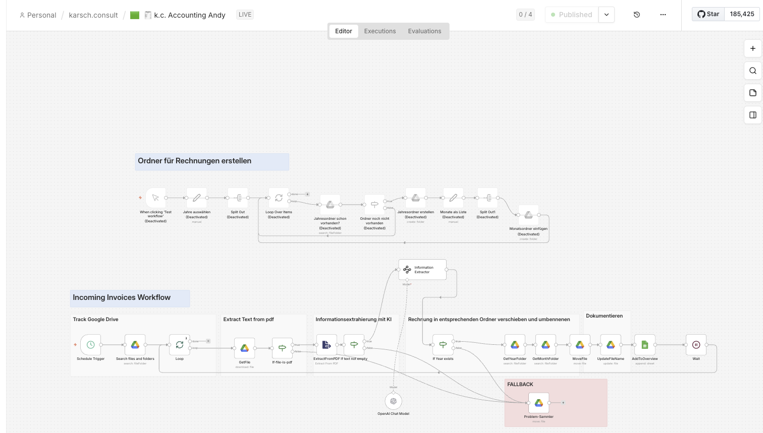 n8n-Workflow für Belegerkennung und Buchhaltungs-Klassifikation